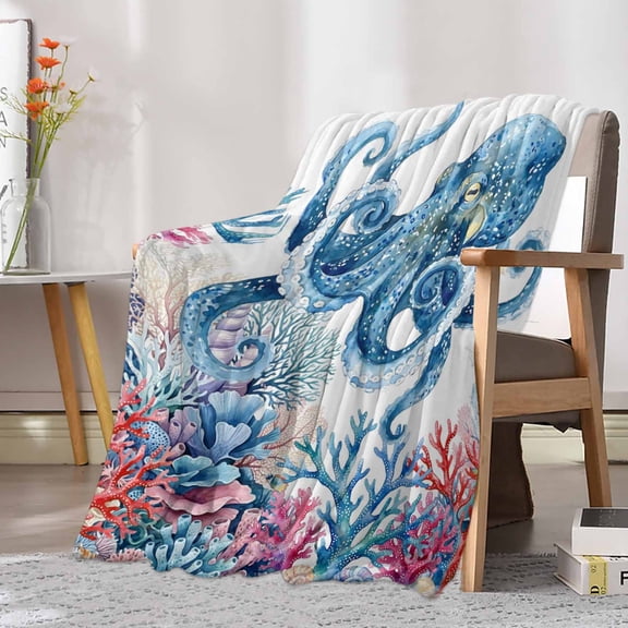 Fleece Blanket Watercolor Octopus Huge Monster Blankets, Soft Cozy Warm Flannel Throw Blanket, Colorful Ocean Coral Seaweed Blanket for Bed Couch Sofa,30x40In