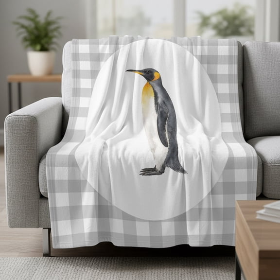 Fleece Blanket Watercolor Penguin Cute Blankets,Soft Cozy Warm Flannel Throw Blanket,Classic Gray Buffalo Plaid Blanket for Bed Couch Sofa 30x40in