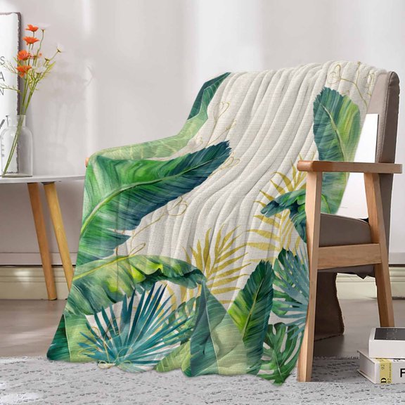Fleece Blanket Watercolor Plants Leaves on Linen Blankets, Soft Cozy Warm Flannel Throw Blanket, Green Palm Monstera Leaf Blanket for Bed Couch Sofa,30x40In