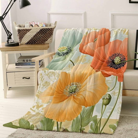Fleece Blanket Watercolor Poppy Green Leaves Blankets, Soft Cozy Warm Flannel Throw Blanket, Classic Blossom Floral Blanket for Bed Couch Sofa,40x50In