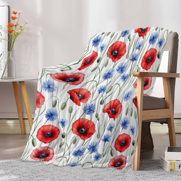 Fleece Blanket Watercolor Spring Red Concubine Flower Blankets, Soft Cozy Warm Flannel Throw Blanket, Country Botanical Blanket for Bed Couch Sofa,30x40In