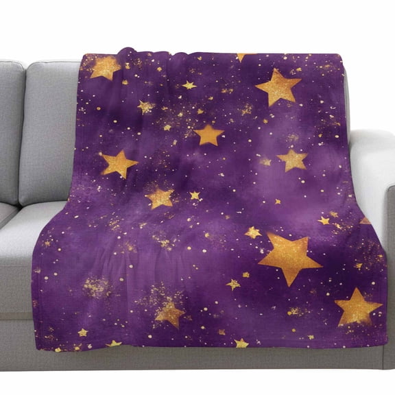 Fleece Blanket Watercolor Starry Sky on Purple Blankets,Soft Cozy Warm Flannel Throw Blanket,Dream Seamless Gold Star Blanket for Bed Couch Sofa 30x40in