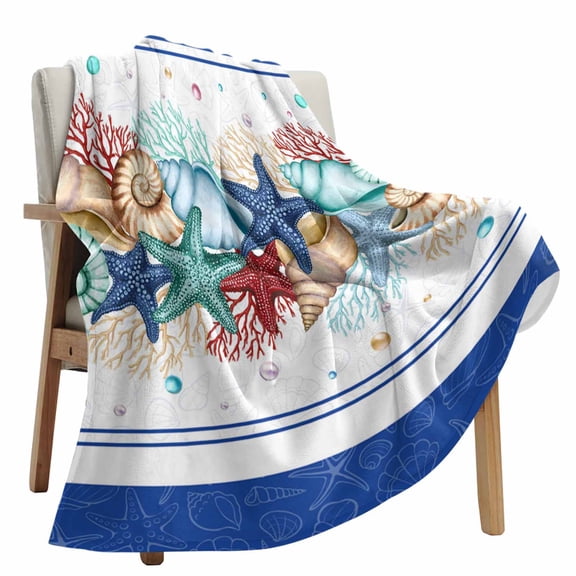 Fleece Blanket Watercolor Summer Starfish Coral Blankets, Soft Cozy Warm Flannel Throw Blanket, Navy Blue Striped lanket for Bed Couch Sofa,50x80In