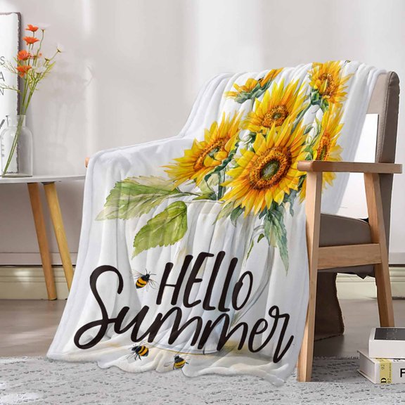 Fleece Blanket Watercolor Sunflower Bee Floral Blankets, Soft Cozy Warm Flannel Throw Blanket, Hello Summer Quotes Blanket for Bed Couch Sofa,30x40In