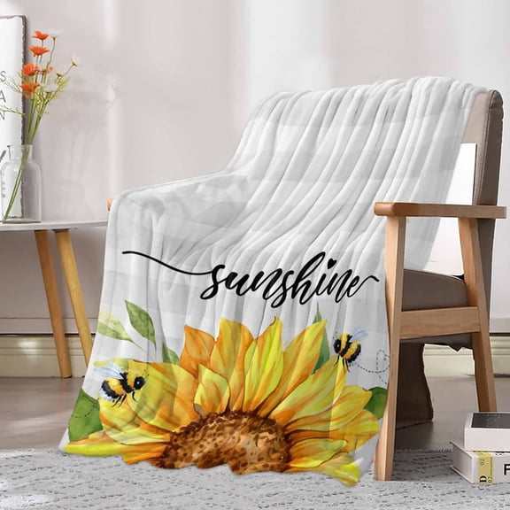 Fleece Blanket Watercolor Sunflowers Bees Blankets, Soft Cozy Warm Flannel Throw Blanket, Sunshine Words on Plaid Blanket for Bed Couch Sofa,30x40In