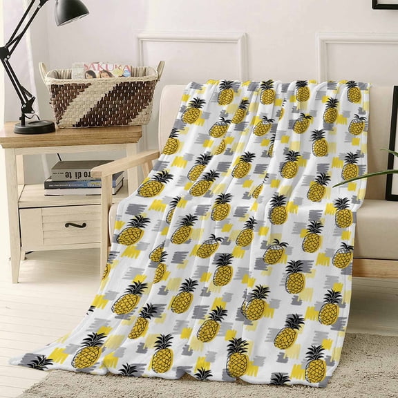 Fleece Blanket Watercolor Tropical Pineapple Blankets, Soft Cozy Warm Flannel Throw Blanket, Abstract Gray Yellow Geometric Blanket for Bed Couch Sofa,40x50In
