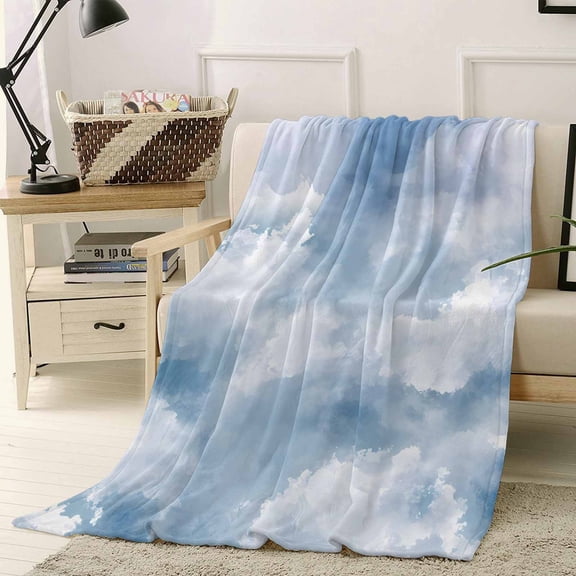 Fleece Blanket Watercolor White Cloud Blankets, Soft Cozy Warm Flannel Throw Blanket, Pastoral Sky Scenery Blanket for Bed Couch Sofa,40x50In