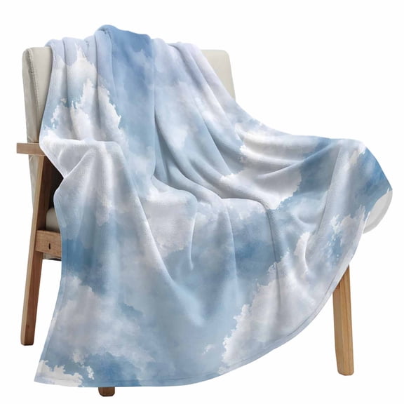 Fleece Blanket Watercolor White Cloud Blankets, Soft Cozy Warm Flannel Throw Blanket, Pastoral Sky Scenery lanket for Bed Couch Sofa,50x80In