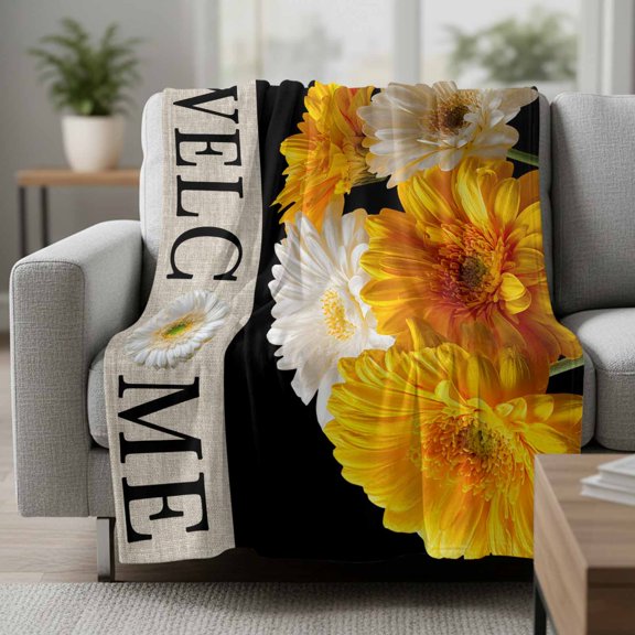 Fleece Blanket Watercolor Yellow White Floral Blankets,Soft Cozy Warm Flannel Throw Blanket,Vintage Welcome Quotes Blanket for Bed Couch Sofa 30x40in
