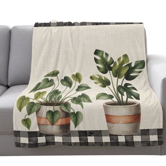 Fleece Blanket Watercolors Pots Green Leaves on Linen Blankets,Soft Cozy Warm Flannel Throw Blanket,Black Plaid Lattice Blanket for Bed Couch Sofa 30x40in