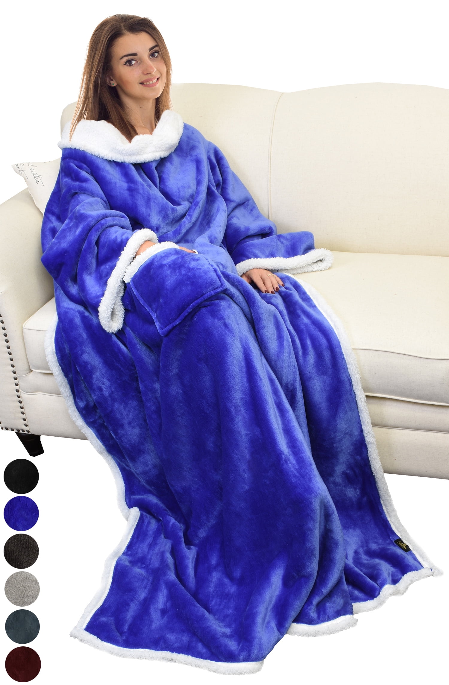 Fleece Blanket Wearable with Sleeves and Pocket, Micro Plush Warm Comfy Sleeved TV Throw Blanket