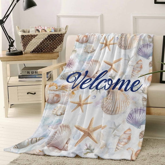 Fleece Blanket Welcome Summer Colorful Shell Blankets, Soft Cozy Warm Flannel Throw Blanket, Nautical Ocean Theme Blanket for Bed Couch Sofa,40x50In