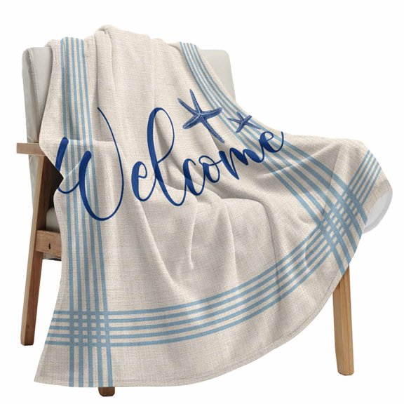 Fleece Blanket Welcome Word on Stripe Blankets, Soft Cozy Warm Flannel Throw Blanket, Seaside Blue Starfish Line Stripes Blanket for Bed Couch Sofa,40x60In