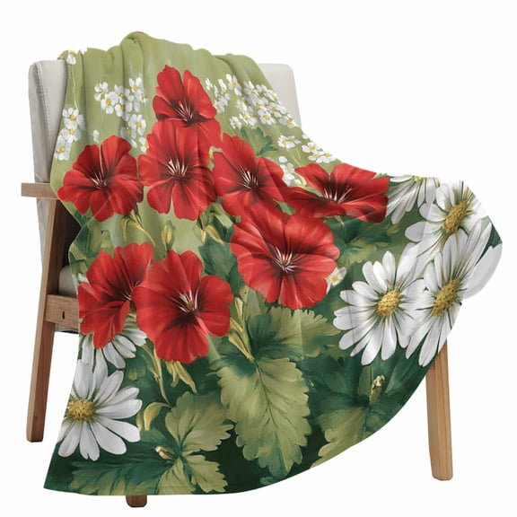 Fleece Blanket Welcome Words Red Flower Blankets, Soft Cozy Warm Flannel Throw Blanket, Retro Floral on Green Blanket for Bed Couch Sofa,40x60In