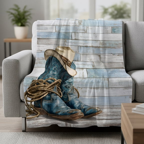 Fleece Blanket Western Cowboy Boots Hat Blankets,Soft Cozy Warm Flannel Throw Blanket,Vintage Blue Wooden Board Blanket for Bed Couch Sofa 30x40in