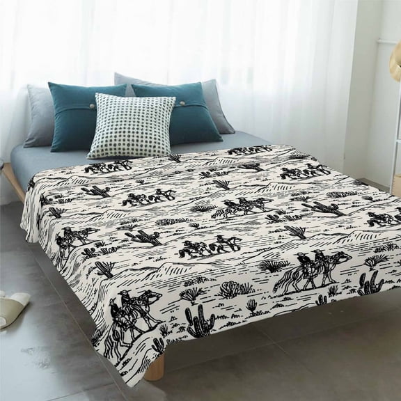Fleece Blanket Western Cowboys Abstract Cactus Blankets,Soft Cozy Warm Flannel Throw Blanket,Desert Theme Vintage Blanket for Bed Couch Sofa 50x60in