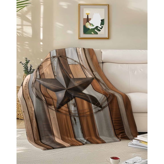 Fleece Blanket Western Star Farm Vintage Wood Board Blankets, Soft Cozy Warm Flannel Throw Blanket, Country Stars Blanket for Bed Couch Sofa,50x60In