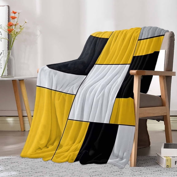 Fleece Blanket White Black Yellow Patchwork Blankets, Soft Cozy Warm Flannel Throw Blanket, Abstract Geometric Blanket for Bed Couch Sofa,30x40In