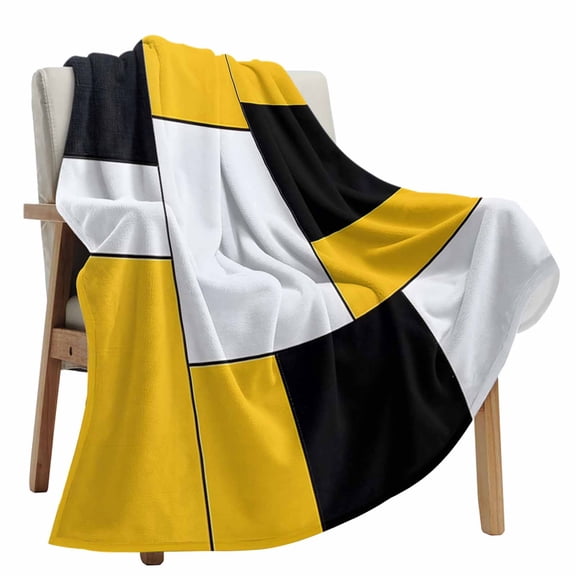 Fleece Blanket White Black Yellow Patchwork Blankets, Soft Cozy Warm Flannel Throw Blanket, Abstract Geometric lanket for Bed Couch Sofa,50x80In