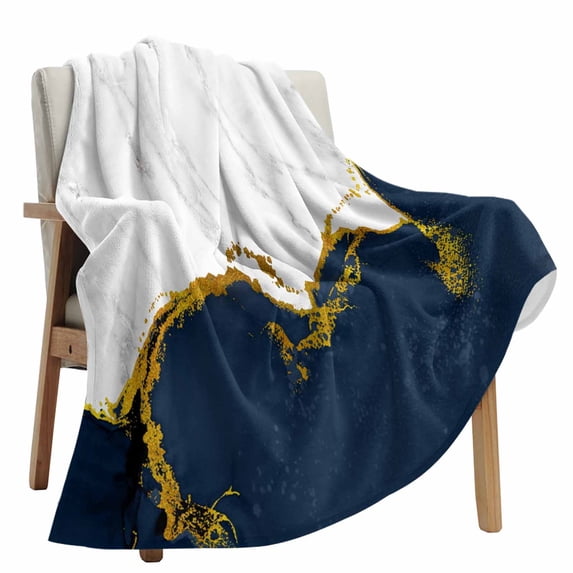 Fleece Blanket White Navy Blue Marble Texture Blankets, Soft Cozy Warm Flannel Throw Blanket, Abstract Gold Line Blanket for Bed Couch Sofa,40x60In