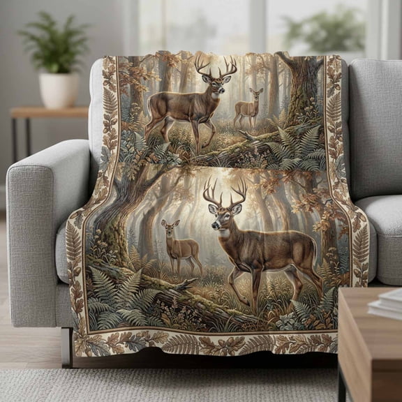 Fleece Blanket Wild Elk Deer Natural Forest Scene Blankets,Soft Cozy Warm Flannel Throw Blanket,Botanical Leaves Trees Blanket for Bed Couch Sofa 30x40in