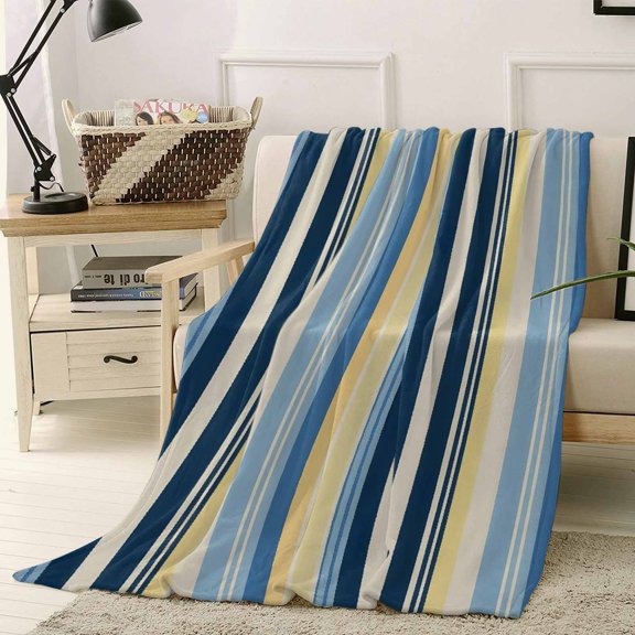 Fleece Blanket Yellow Blue Stripes Farm Blankets, Soft Cozy Warm Flannel Throw Blanket, Retro Watercolor Lines Blanket for Bed Couch Sofa,40x50In