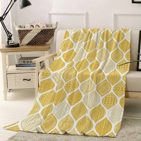 Fleece Blanket Yellow Bohemian Geometric Texture Blankets, Soft Cozy Warm Flannel Throw Blanket, Abstract Moroccan Pattern Blanket for Bed Couch Sofa,40x50In