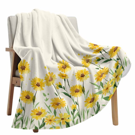 Fleece Blanket Yellow Daisy Watercolor Floral Blankets, Soft Cozy Warm Flannel Throw Blanket, Farmhouse Green Leaves Blanket for Bed Couch Sofa,40x60In