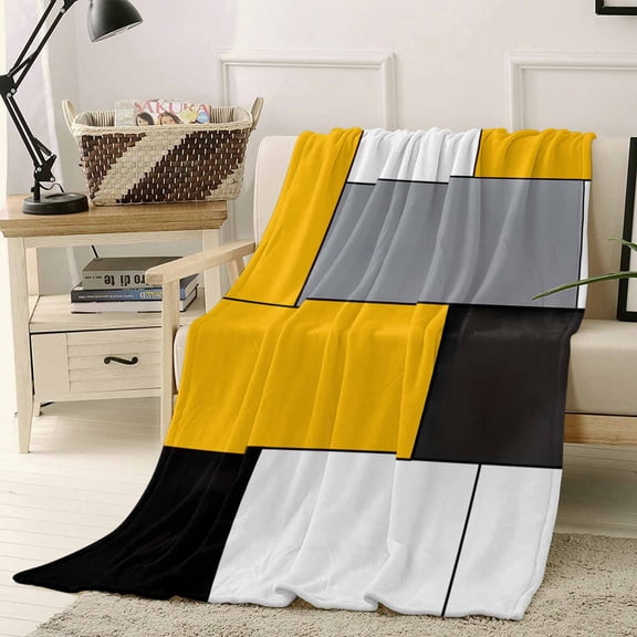 Fleece Blanket Yellow Gray Color Block Patchwork Blankets, Soft Cozy Warm Flannel Throw Blanket, Geometric Minimalist Art Blanket for Bed Couch Sofa,40x50In