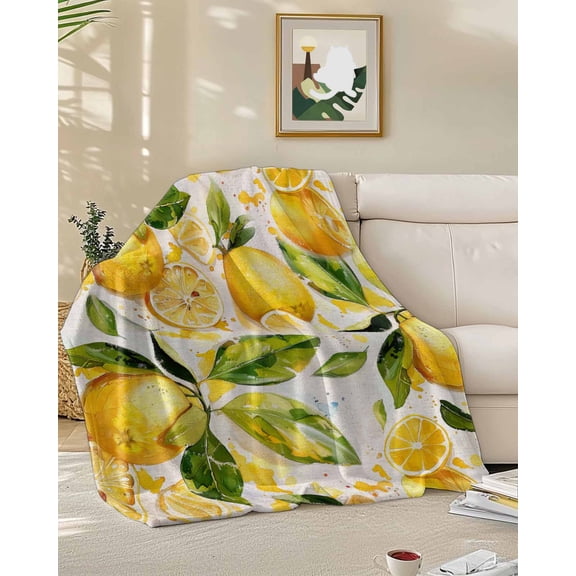 Fleece Blanket Yellow Lemon Watercolor Leaves Blankets, Soft Cozy Warm Flannel Throw Blanket, Farm Fruit Harvest Blanket for Bed Couch Sofa,50x60In