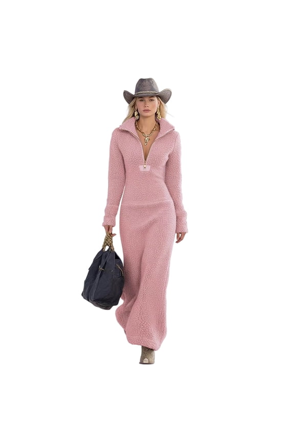 Fleece Bodycon Dress, Long Sleeve Zip Front Figure-Hugging Dress, Ultra Warm and Stylish Dress for Cold Weather Outings and Casual Parties. Pink L