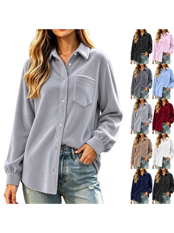 Fleece Button Down Shirt for Women V-Neck Long Puff Sleeve Collared Shacket with Chest Pocket Loose Casual Fall Jacket S Gray