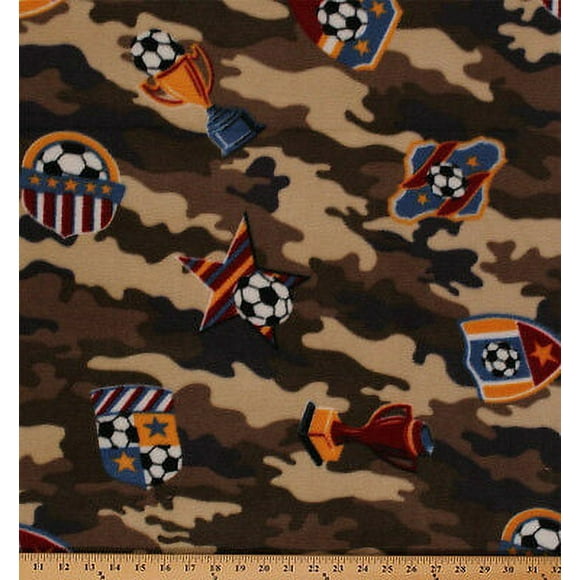 Fleece Camo Soccer Camouflage Soccer Balls Stars Trophies Sport Fleece Fabric Print by the Yard (szd-51305-001c)