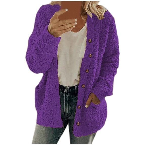 Fleece Cardigan Sweaters for Women Soft Long Sleeve Jacket with Pockets Button Down Open Front Fall Clothes