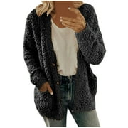 Fleece Cardigan Sweaters for Women Soft Long Sleeve Jacket with Pockets Button Down Open Front Fall Clothes