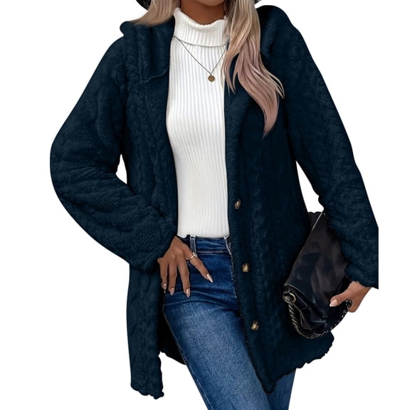 Fleece Cardigan for Women, Plus Size Lined Jacket Women Soft Fall Teddy Outerwear Navy Blue L