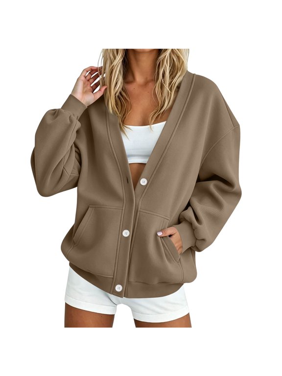 Fleece Cardigans for Women Plus Sizes Button Patch Pockets Capless Sweater Top for Women Lightweight Spring Fall Winter Casual Layering Tops