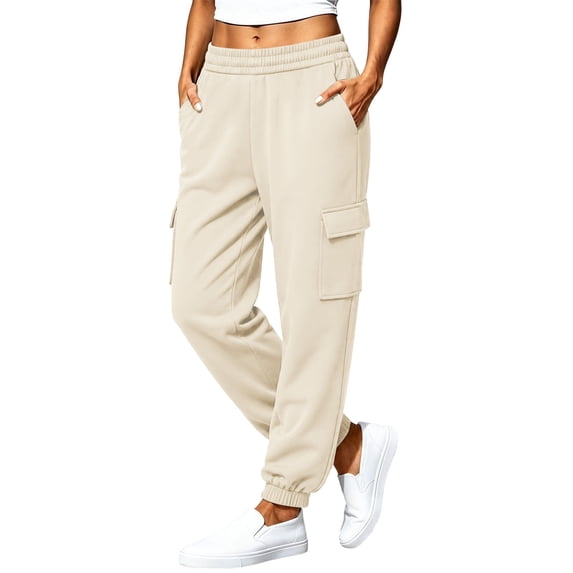 Fleece Cargo Jogger Pants for Women Ghalytn Elastic Waist Sweatpants - Loose Fit Multi-Pocket Casual Trousers