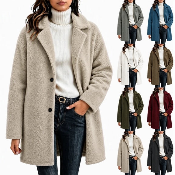 Fleece Coats for Women Notched Lapel Button Plus Size Coat Womens Warm Fuzzy Winter Coats with Pockets S-3XL