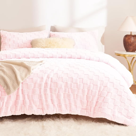 Fleece Comforter Set Blush , Soft & Warm Fluffy Bedding with Checkered ,Luxury Fuzzy Heavy Bed Set for Winter,3 Pieces,1 Comforter and 2 Pillowcases