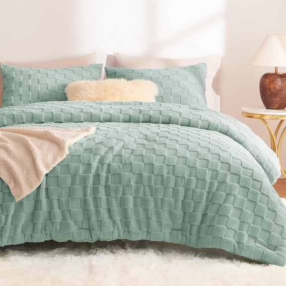 Fleece Comforter Set Sage , Soft & Warm Fluffy Bedding with Checkered ,Luxury Fuzzy Heavy Bed Set for Winter,3 Pieces,1 Comforter and 2 Pillowcases