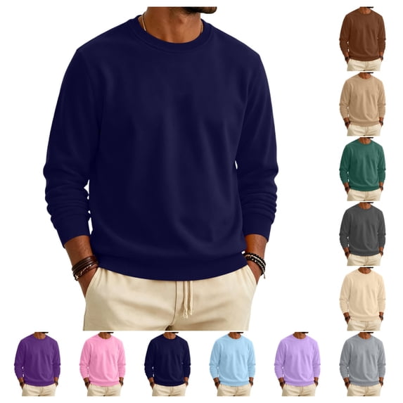Fleece Crewneck Sweatshirt for Men Casual Fashion Long Sleeve Sweat Shirt Fall Winter Thermal Comfy Solid Color Sweatshirt Navy 2XL