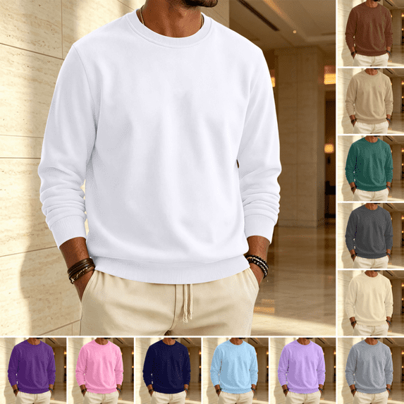 Fleece Crewneck Sweatshirt for Men Trendy Soft Long Sleeves Pure Color Pullover Fall Winter Thermal Comfy Casual Pullover White S