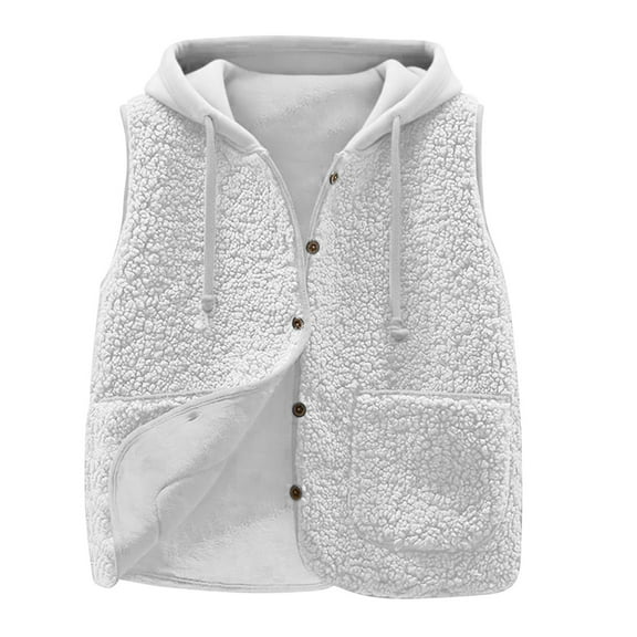 Fleece Crop Jackets for Women Sleeveless Outerwear Vest with Pockets Hooded Sherpa Coat Solid Color Winter Clothes (2XL, White)