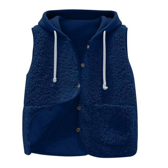 Fleece Crop Jackets for Women Sleeveless Outerwear Vest with Pockets Hooded Sherpa Coat Solid Color Winter Clothes (S, Navy)
