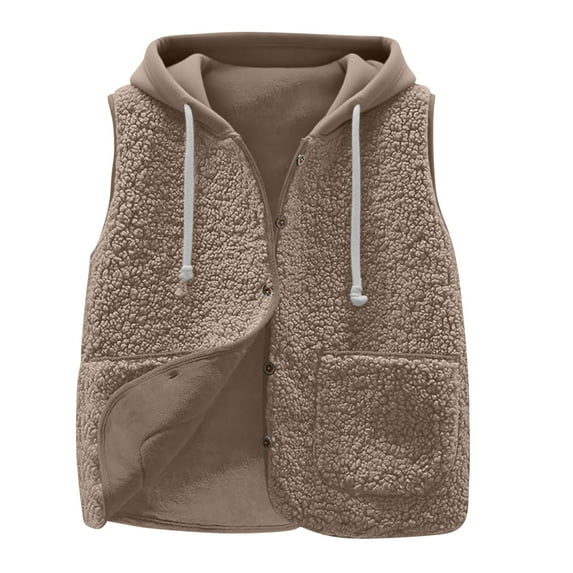 Fleece Crop Jackets for Women Sleeveless Outerwear Vest with Pockets Hooded Sherpa Coat Solid Color Winter Clothes (XL, Khaki)