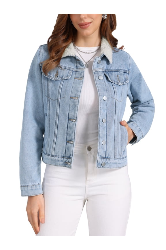 Fleece Denim Jacket for Women Collared Warm Faux Fur Denim Coat Trucker Jackets L Light Blue