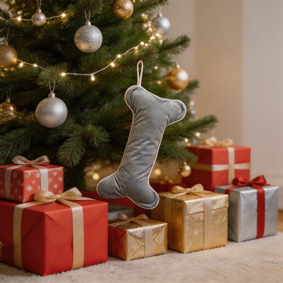 Fleece Dog Bones Pattern Christmas Stocking Decoration, Soft Velvet Fabric Hanging Gift Sock for Holiday Festive Window Display