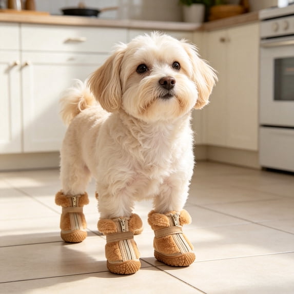 Fleece Dog Boots For Small Dogs, Winter Paw Protector With Anti-Slip Sole, Warm Dog Booties For Snow And Hardwood Floors Walking, Brown