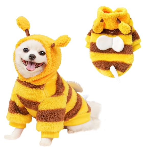 Fleece Dog Hoodies With D-Ring Winter Puppy Clothes For Small Dogs Apparel Cold Weather Coat Funny Doggy Bee Costume For Christmas Yellow 2XL